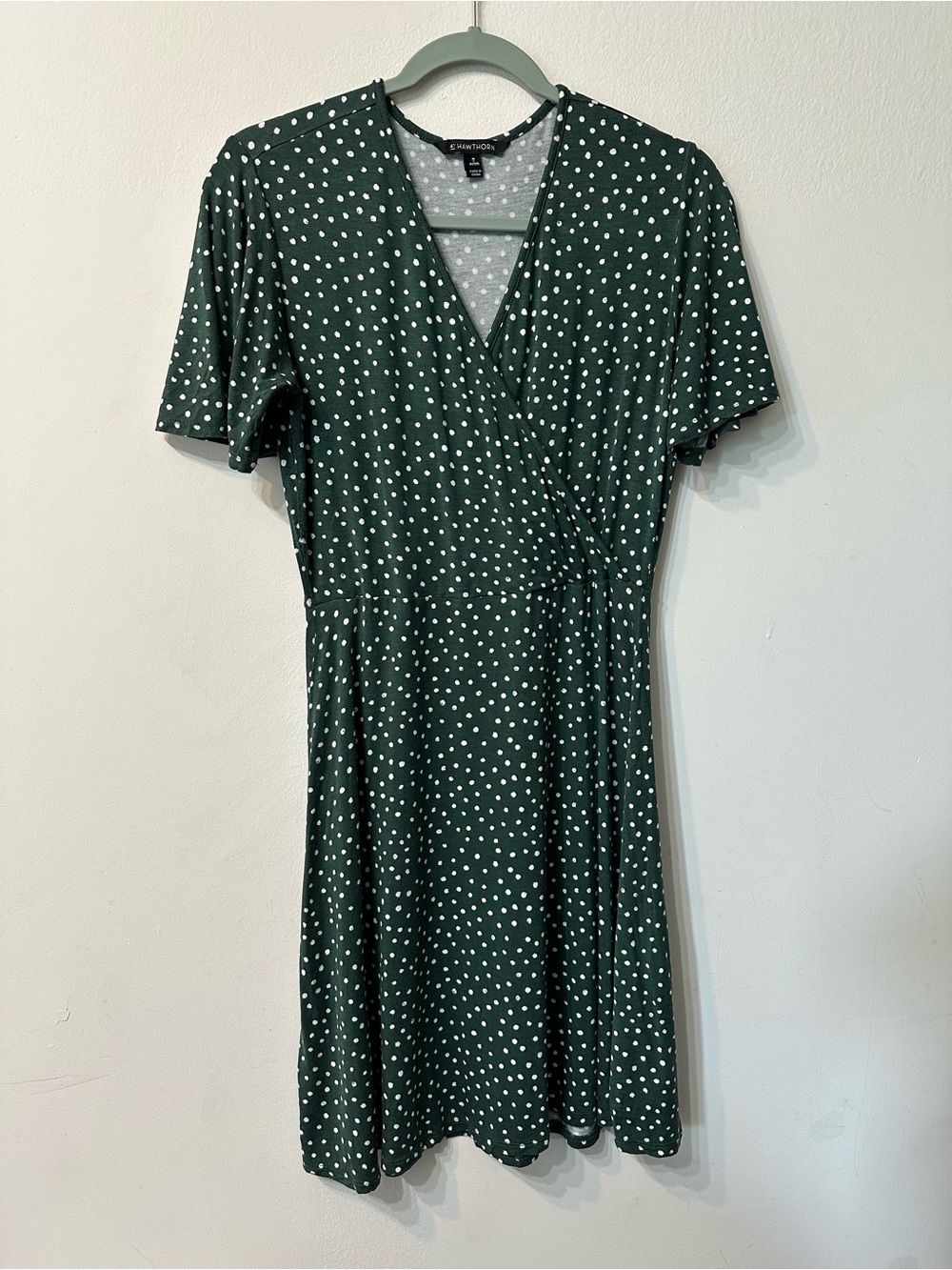 41Hawthorn Faux Wrap Dress Womens Medium Petite Green Polka Dot Flutter Sleeve